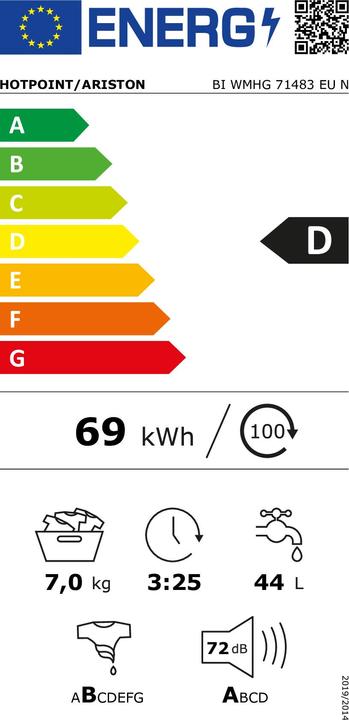 Energy Label Hotpoint BI WMHG 71483 EU N front loading washing machine 7 kg 1400 rpm White (7 kg, Left)