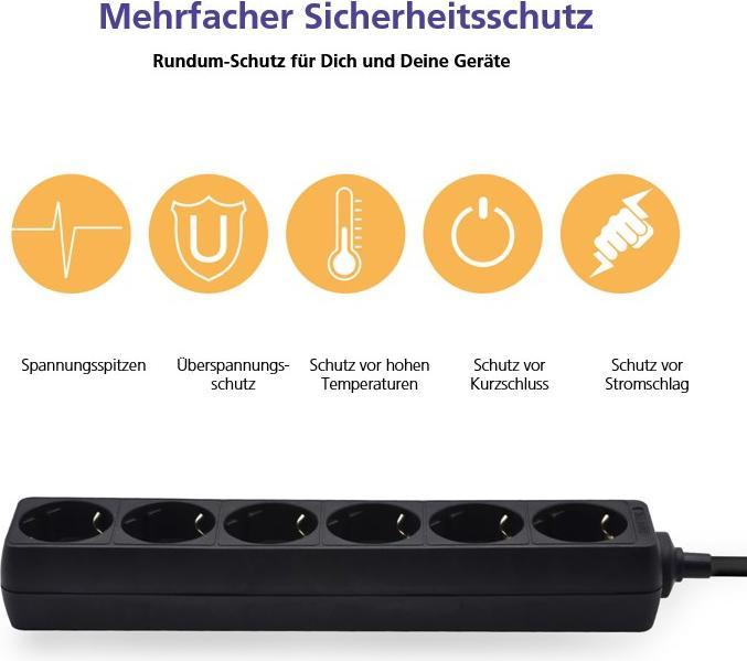 Actual product image Helos Socket strip CLASSIC, 6-way, black, 5.0m, without switch (6 x)