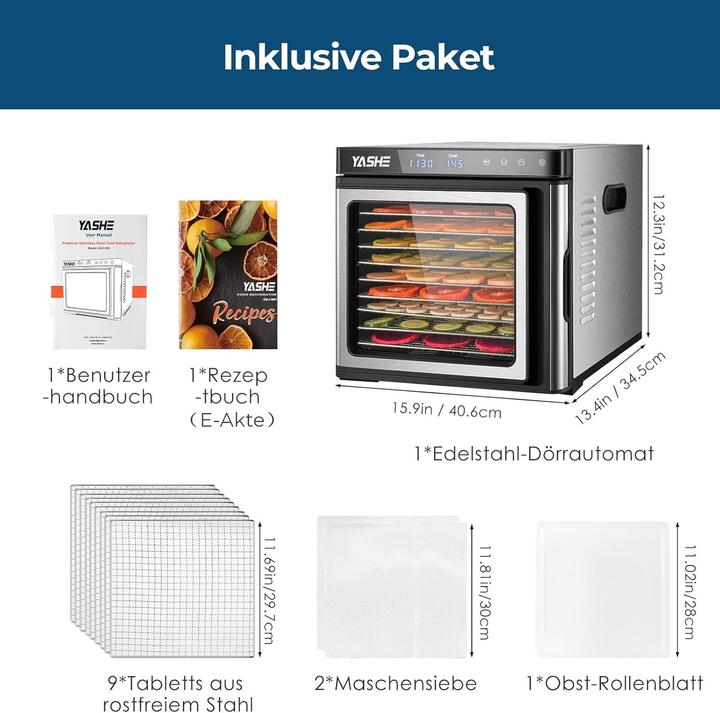 Produktbild Yashe Lebensmittel-Dehydrator mit LED-Display, Temperaturregelung und 9 Edelstahlschalen