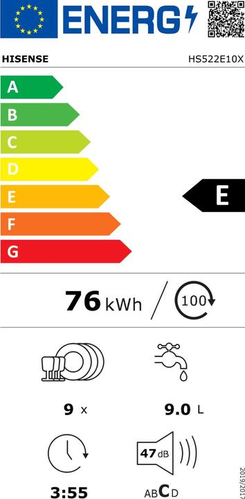 Energie-Label Hisense HS522E10X Stand-Geschirrspüler 45 cm