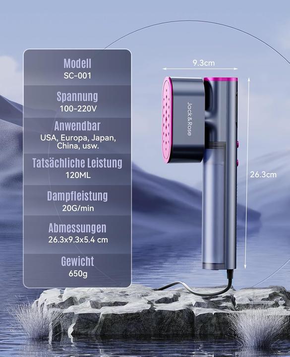 Jack & Rose Tragbarer 2-in-1 Reisedampfglätter mit Schnellaufheizung (1500 W, 22 g/min)