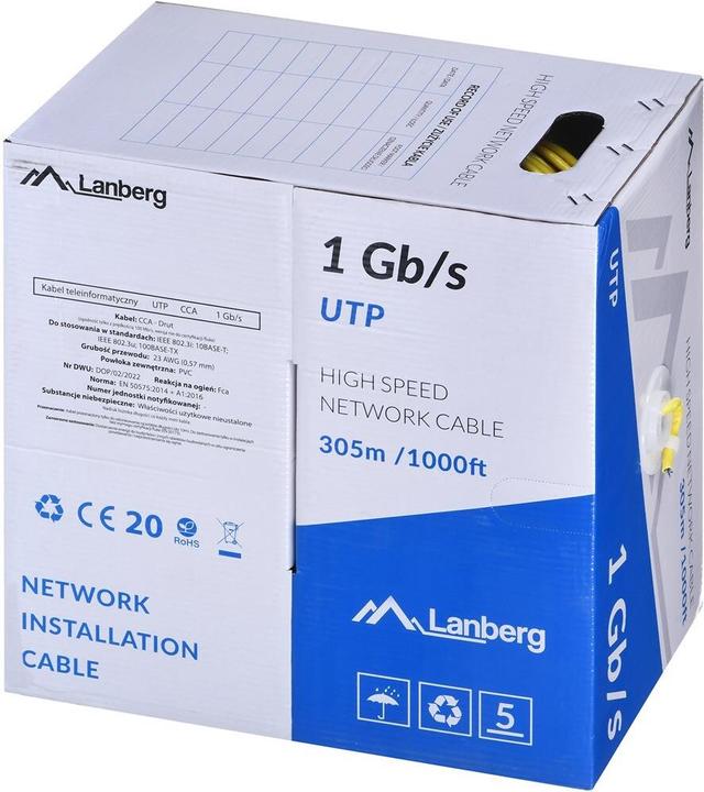 Produktbild Lanberg LAN-KABEL UTP 1GB/S 305M CCA-DRAHT GELB (U/UTP, CAT5e, 305 m)
