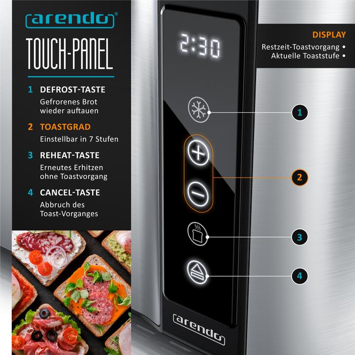 Produktbild Arendo Toaster Edelstahl 4 Scheiben Langschlitz, Touchpannel, Brötchenaufsatz, Display mit Restzeitanzeige