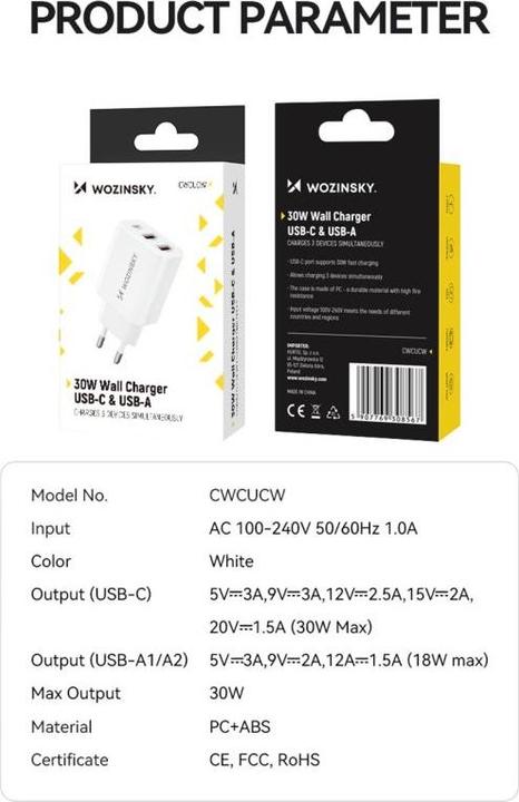 Produktbild Wozinsky CWCUCW 30W USB-C / 2 x USB-A Wandladegerät - Weiss (30 W, 3 Ports)