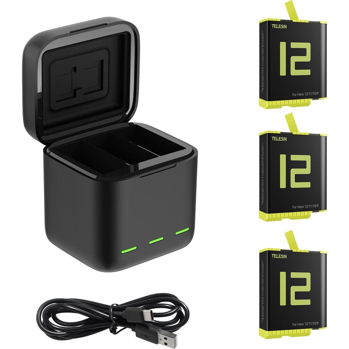 Telesin Caricabatterie a tre canali + 3 batterie, Accessori action cam, Nero