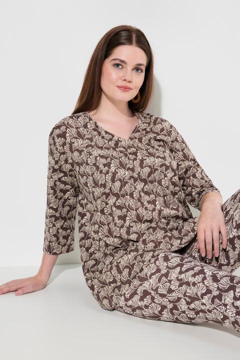 Actual product image Ulla Popken Eco Cotton Leaf Print 3/4 Sleeve Tee (50, 52)