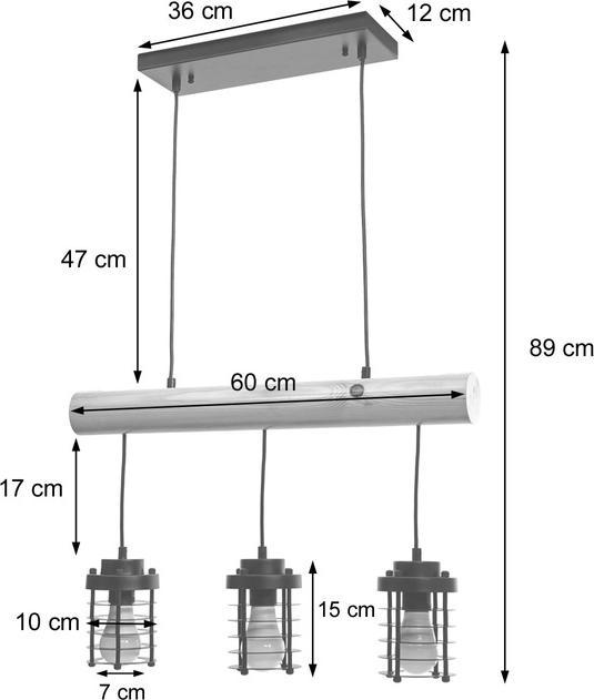 Immagine prodotto Swisshandel24 Lampada a sospensione, legno massiccio industriale vintage in metallo nero - 3 paralumi a gabbia (E27)
