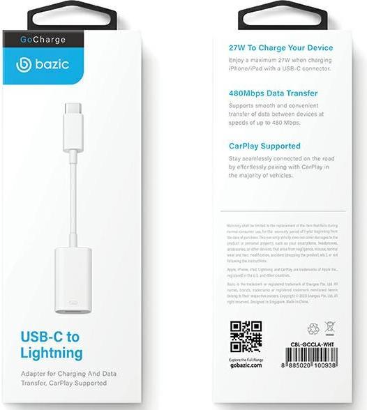 Produktbild Energea Bazic GoCharge Adapter USB-C - Lightning biały/white 27W Apple CarPlay support