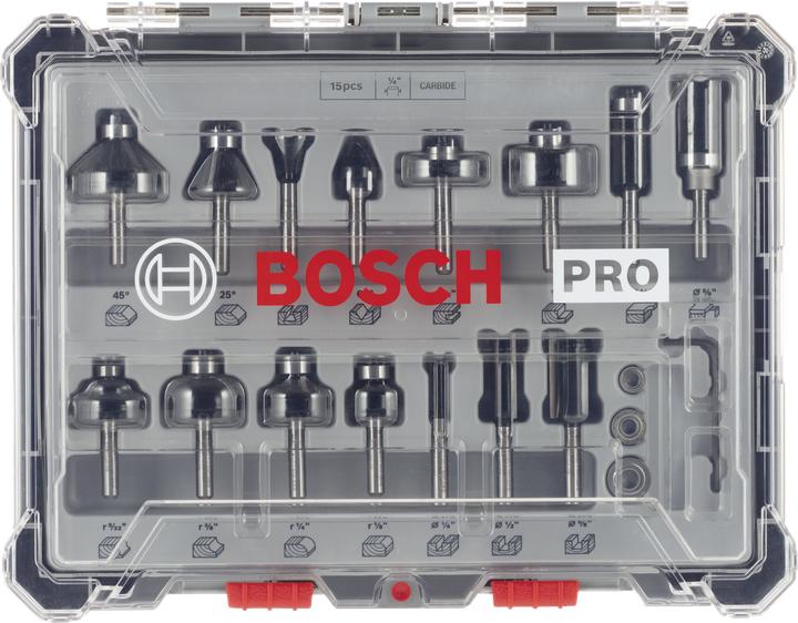 Immagine prodotto Bosch Professional Zubehör Set di frese da 15 pezzi, gambo da 1/4 di pollice per frese manuali