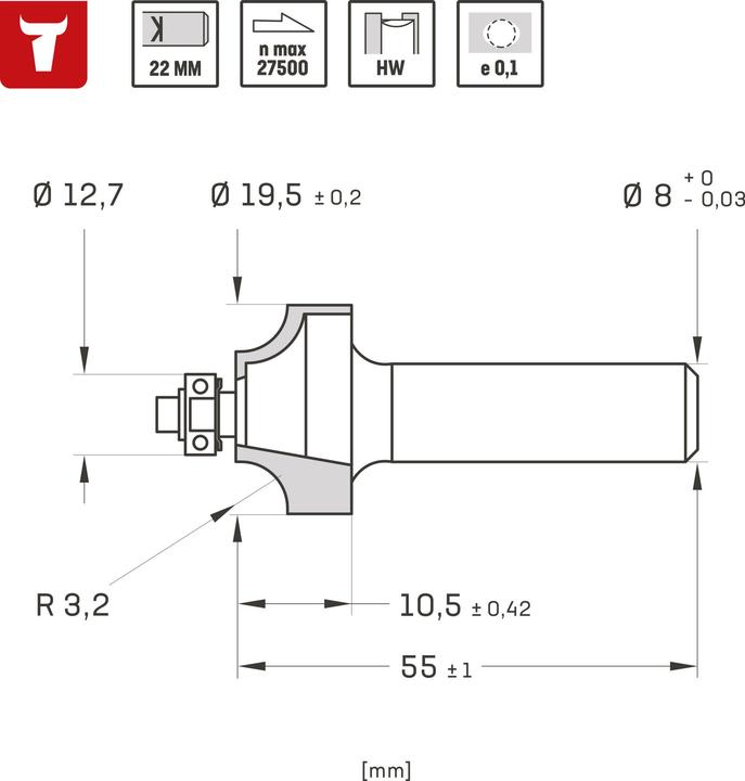 Produktbild Stier Abrundfräser D19 x R3 x S8 mm HM (HW)