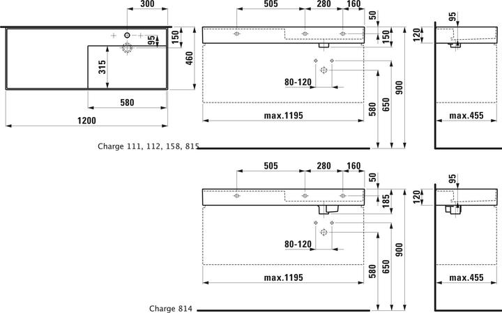 Actual product image Laufen Wash basin KARTELL 1200x460mm drain rl o ÜL 1 HL version we LCC (460 mm, 1200 mm)