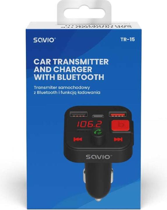 Actual product image Savio FM Transmitter Bluetooth 5.3 QC 3.0 Charger LED Display Bass Boost TR-15 schw