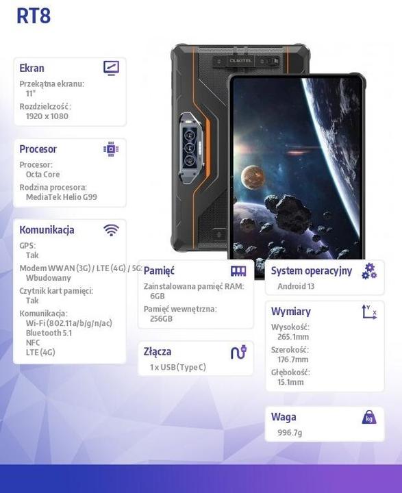 Immagine prodotto Oukitel Tablet RT8 6/256GB Arancione Rugged 20000 mAh 33W (4G, 11", 256 GB, Arancia, Nero)
