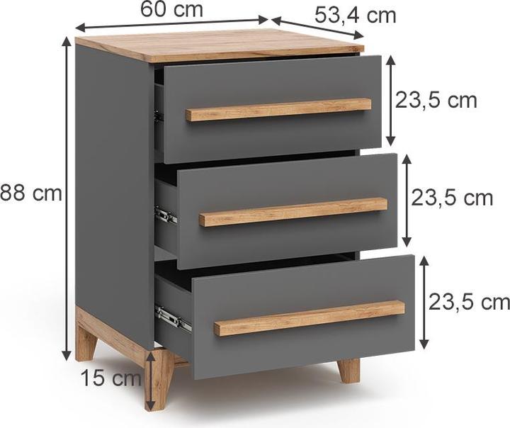 Image du produit VitaliSpa Kommode Malia, Grau/Artisan/Artisan, 60 x 88 cm mit 3 Schubladen (60 x 53.40 x 88 cm)