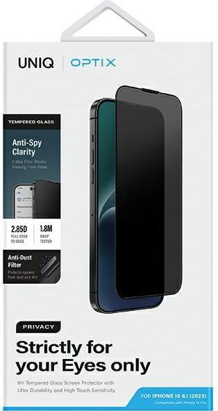 Actual product image Uniq Optix Privacy iPhone 15 6.1" prywatyzujące szkło hartowane z aplikatorem (1 pcs., Apple iPhone 14 Pro, Apple iPhone 15)