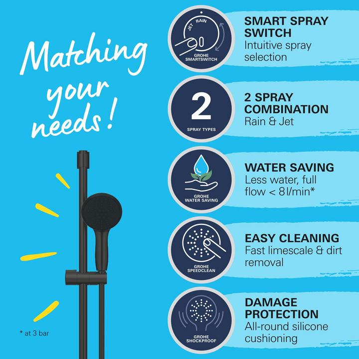 Produktbild Grohe Vitalio Start 110 QuickFix Brausestangenset, kleben oder bohren, wassersparend, 2 Strahlarten, matts