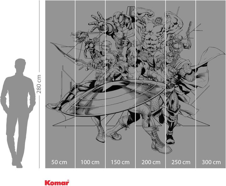 Komar Non-woven Into Adventure Avengers Black and White 6-panel wallpaper 300 x 280 cm (300 x 280 cm)