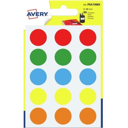 Avery, Etichette, PSA19MX Etichetta Autoadesiva Rotondo Permanente Colori Assortiti 90 Pz