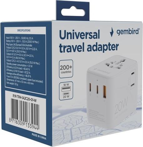 Produktbild Gembird Adapter TPA-1A2C20-01-W Universal travel power adapter, 20 W, white |