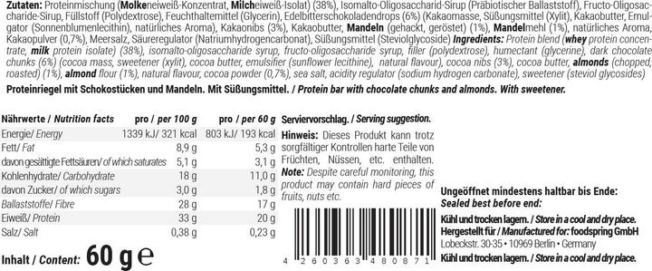 Valori nutrizionali e ingredienti Foodspring Protein Bar (Pasta da biscotto, 12 pz., 720 g)