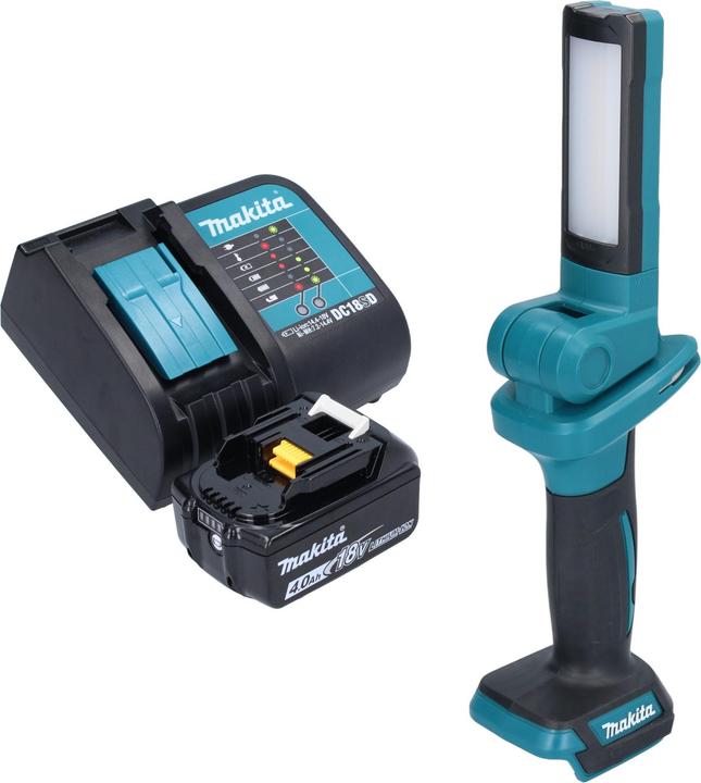 1x Makita DML 816 Akku LED Arbeitsleuchte, 1x Schultergurt mit Haken, 1x Makita BL 1840 B 18 V 4,0 Ah Akku, 1x Makita DC 18 SD Akku Ladegerät