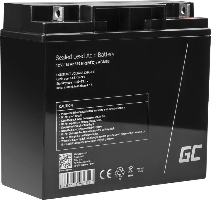 Actual product image GreenCell AGM Battery Lead Acid VRLA - 12V - 15Ah (12 V, 15 Ah)