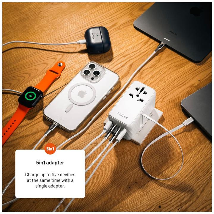 Actual product image Fixed Voyager World Adapter, 4xUSB-C/1xUSB, GaN, 85W, white