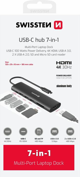 Productafbeelding Swissten USB-C Hub 7-In-1 (USB-C 100W, Hdmi 4K, 1X USB-A 3.0, 2X USB-A 2.0, SD, Micro SD) Aluminium (USB-C, 7 ports)