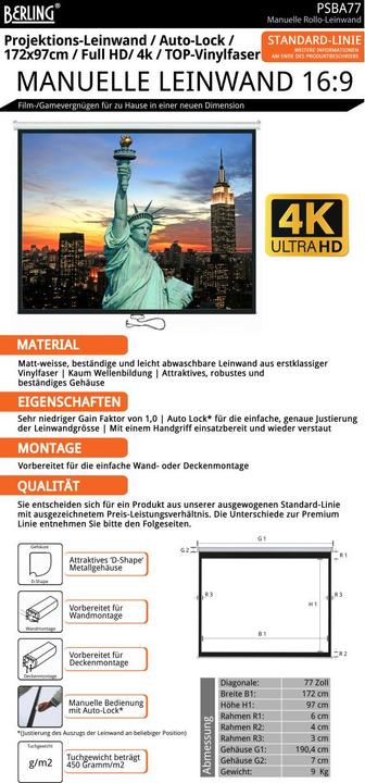 Actual product image Berling Rollo-Leinwand, manuell, 16:9, 77" (172x97cm), Standard-Linie, (77", 16:9)
