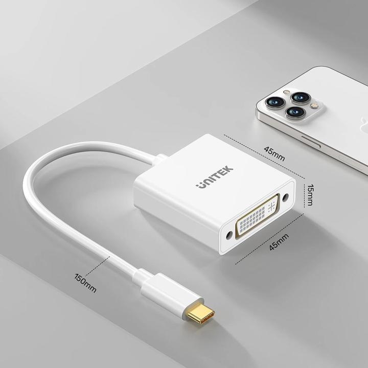 Actual product image Unitek ADAPTER USB-C-DVI 1080P@60HZ BIAŁY 15CM M/F (DVI, 15 cm)
