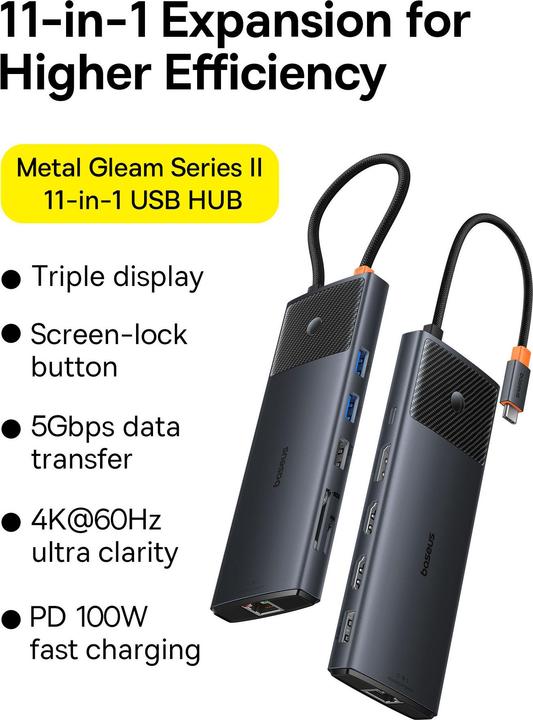 Immagine prodotto Baseus Serie Metal Gleam dokovací stanice HD HUB typu C (USB-C, 11 porte)