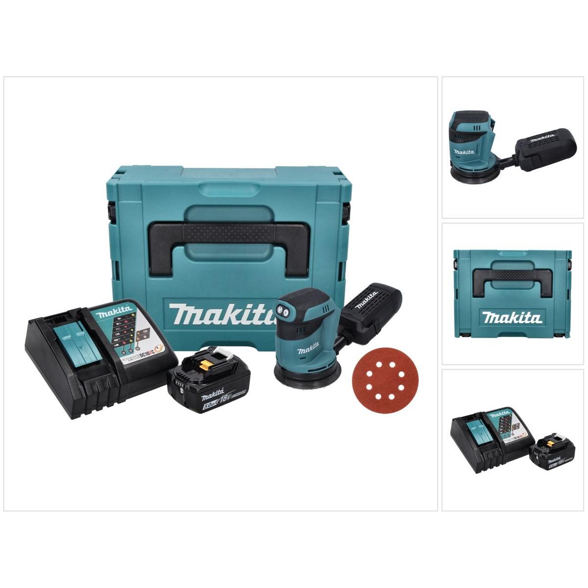 Makita, Rettificatrice + lucidatrice, DBO 180 RT1J Levigatrice rotorbitale a batteria 18 V 125 mm + 1x batteria 5,0 Ah + caricatore + 50x (Levigatrici