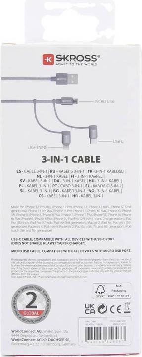Actual product image Skross USB Charge and Sync Cable 3in1 Cable (1.20 m, USB 2.0, 36 W)