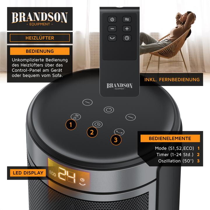 Produktbild Brandson Keramikheizlüfter mit Fernbedienung, Überhitzungs- und Umkippschutz, 1500 W, Oszillation, ECO Modus (1500 W)