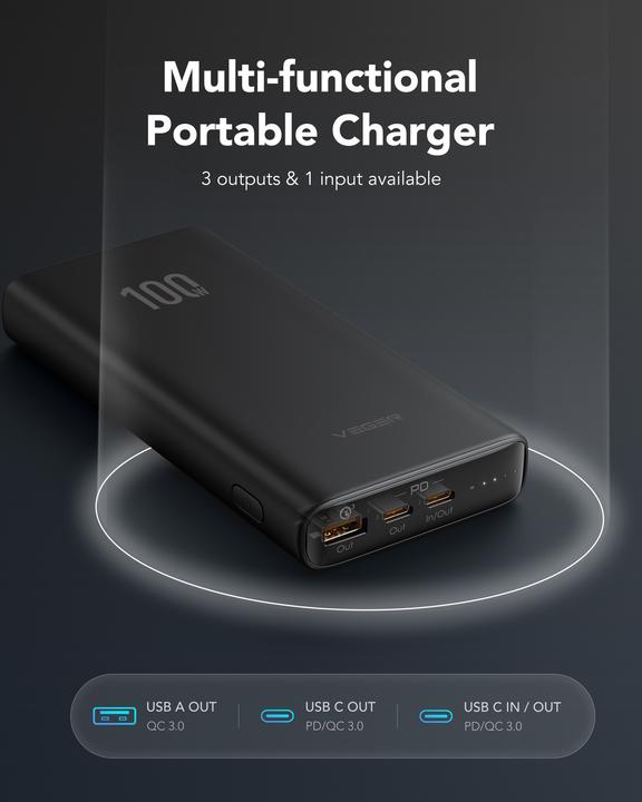 Actual product image Veger TC100 VG-W2032C-100 20000mAh powerbank 130W (20000 mAh, 100 W, 74 Wh)