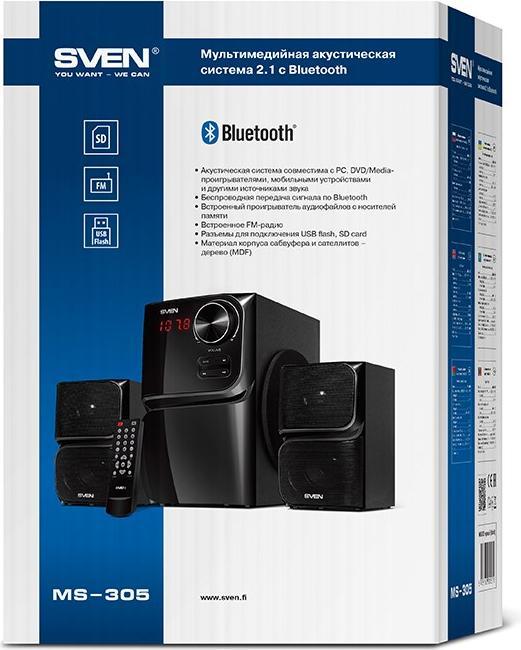 Productafbeelding Sven MS-305, 2.1 luidsprekers, FM, Bluetooth, USB/SD, LED Ekranas, RC-eenheid, uitgangsvermogen 40W (20