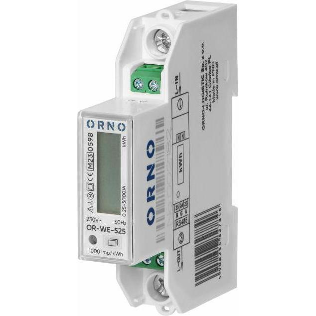 Orno, Misuratore energia, Contatore elettrico monofase, 100 A, connessione RS-485, MID, 1 modulo, DIN TH-35 mm, PV