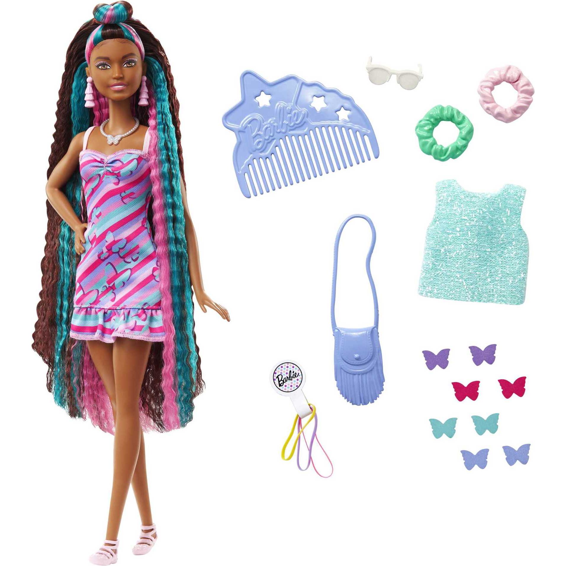 Barbie Totally Hair Puppe (schwarze Haare) im Schmetterlings-Print Kleid