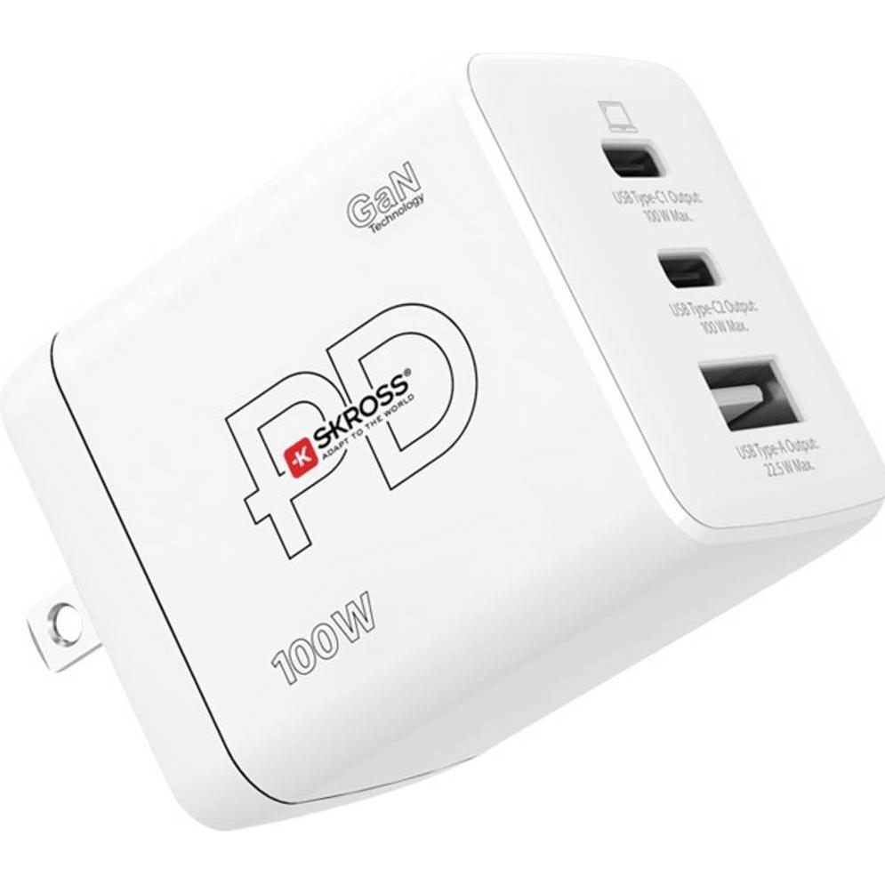 Skross Power Charger Combo+ 100W US USB Ladegerät 100 W 2x USB-C, 1x USB-A USB (100 W, 3 porte), Caricatore USB, Bianco