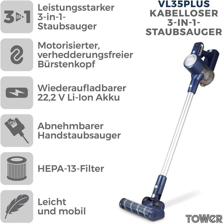 Actual product image TOWER 3-in-1 Wireless Vacuum with HEPA Filter, Anti-Tangle Brush, and Cyclonic Suction