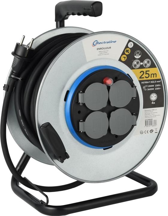 Electraline Professional Cable Reel with 4 Outlets, IP44 Waterproof, Fixed Plate and Ergonomic Handle (25 m)