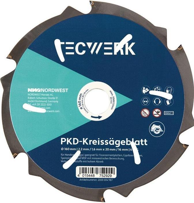 Tecwerk Handkreissägeblatt Aussen-Ø 190 mm Zähnezahl 6 PKD Bohrung 30 mm Schnittbreite 2,2 mm