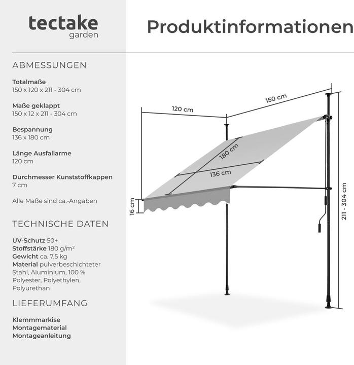 Produktbild tectake Klemmmarkise (1.50 m)