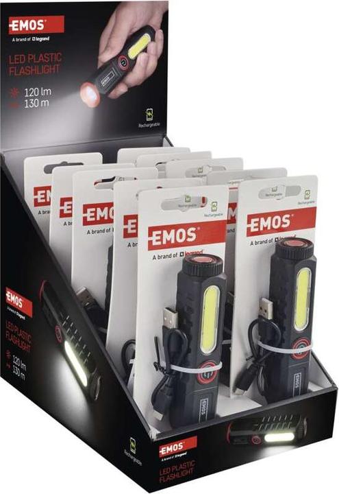 Actual product image Emos Wiederaufladbare LED-Taschenlampe aus Kunststoff P4720, 120 lm, 10 STCK., display box (12.30 cm, 120 lm)