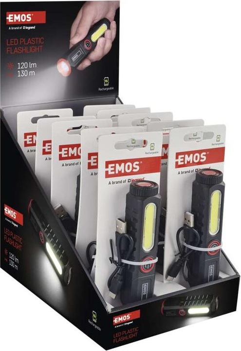 Immagine prodotto Emos Wiederaufladbare LED-Taschenlampe aus Kunststoff P4720, 120 lm, 10 STCK., display box (12.30 cm, 120 lm)