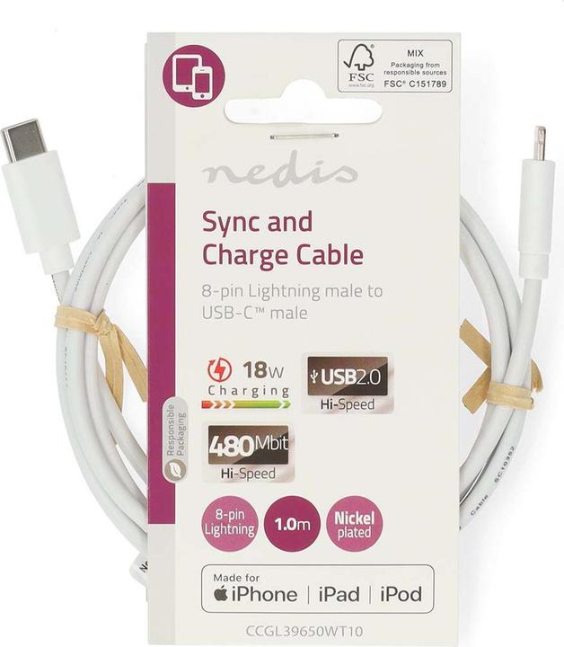 Produktbild Nedis Lightning Kabel | USB 2.0 | Apple Lightning 8-Pin | USB-C™ Stecker | 480 Mbps | Vernickelt | 1 (1 m, USB 2.0, 18 W)