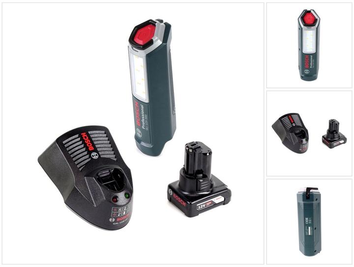 1x Bosch Professional GLI 12V-300 battery lamp, 1x Bosch GBA 12V 6.0 Ah battery, 1x Bosch GAL 1230 charger