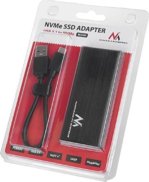 Actual product image Maclean MCE443 NVMe SATA SSD M.2 enclosure adapter Aluminium NVMe (PCIe), NGFF (SATA) Supports USB 3.1 2230 (M.2 2230, M.2 2240, M.2 2260)