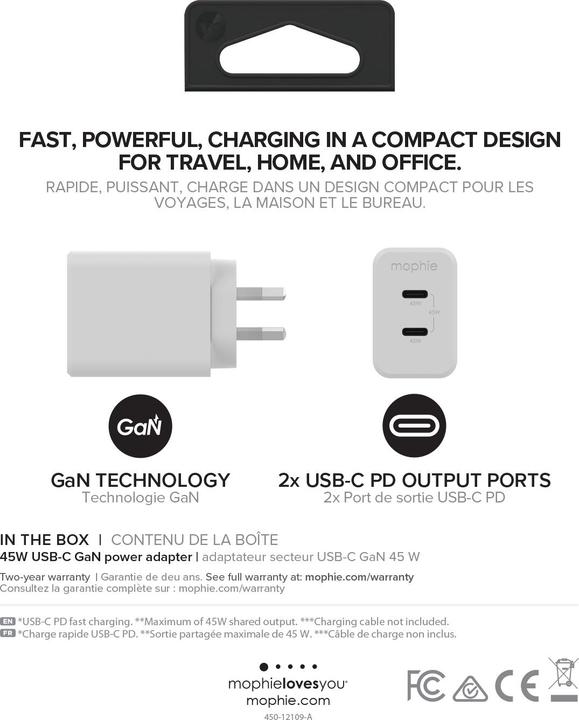 Label énergétique mophie 409909301, Intérieure, Secteur, Blanc (45 W, 2 ports)