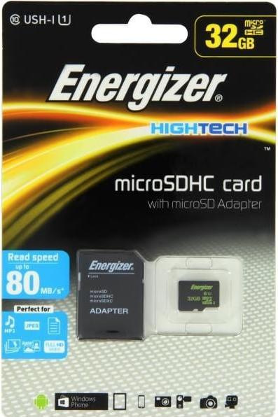 Energizer High Tech 32GB Micro SDHC with Adapter Up to 80 MB/sec Up to 20 MB/sec (32 GB, microSDHC)